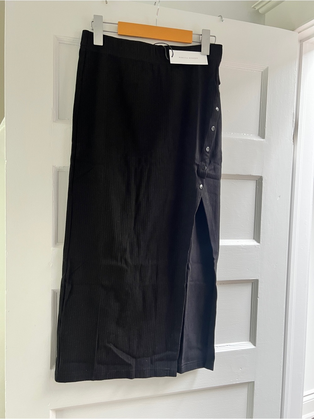 Rebecca Minkoff Black Ribbed Button-Slit Midi Skirt